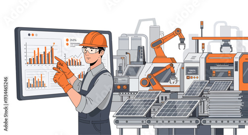 Engineer analyzing data on a large screen in a factory setting.