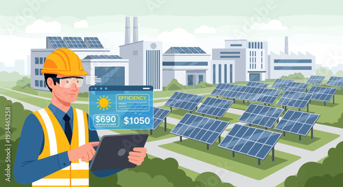 Engineer Inspecting Solar Power Plant Data on Tablet.