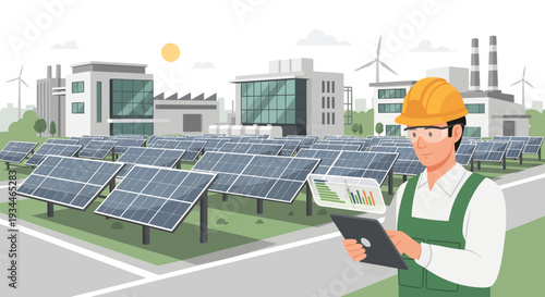 Engineer inspecting solar panel farm with tablet.