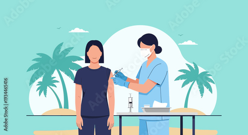 Nurse Administering Vaccine to Patient Outdoors with Tropical Background