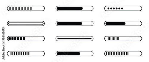 Loading and Progress Bar Symbols, Buffering Stripes, Status Tracker, Download Timeline, and Digital Interface Vector Icons