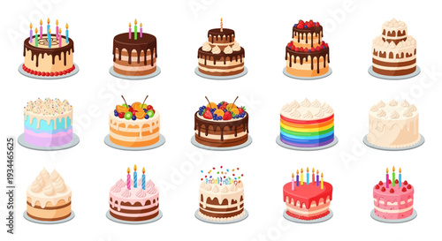 Set of Delicious Birthday Cakes with Colorful Frosting, Berries, and Candles on White Background