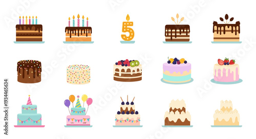 Set of Birthday Cake Icons and Celebration Cakes Flat Vector Illustration