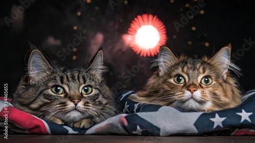 Two cats gaze with wide eyes at a bright, red and white firework display