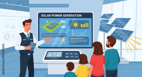 Man Explaining Solar Power Generation to Family at Exhibit.