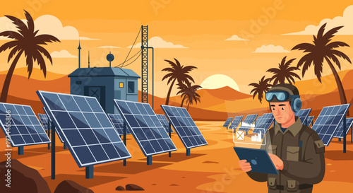 Man in protective gear inspecting solar panels.