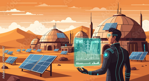 Man in futuristic suit with holographic interface.