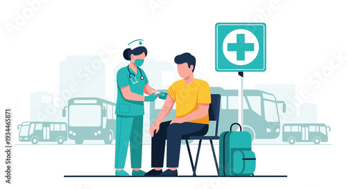 Nurse Administering Vaccine to Man at Bus Station, Healthcare Concept