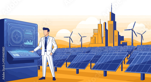 Man in suit interacting with futuristic control panel.