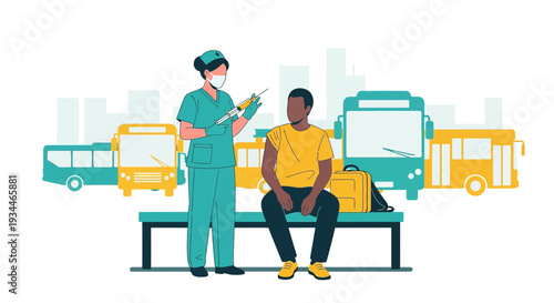 Nurse Administering Vaccine to Man at Bus Station