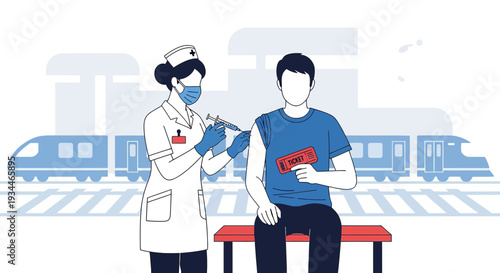 Nurse Administering Vaccine to Man at Train Station, Public Health