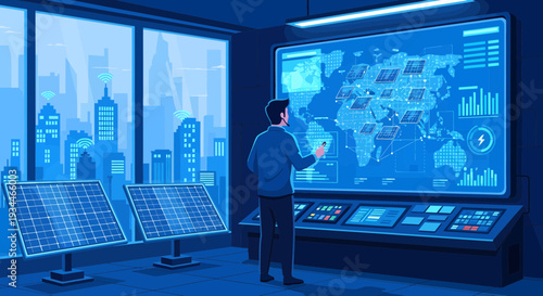 Man Interacting with Futuristic Global Data Display.