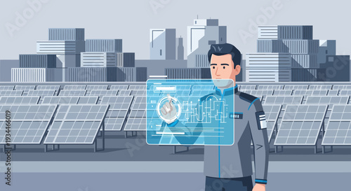 Man Interacting with Futuristic Holographic Display.