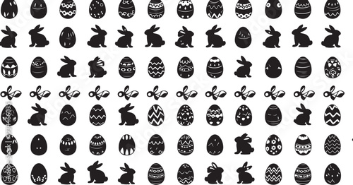 Black Easter eggs and bunnies on white background pattern