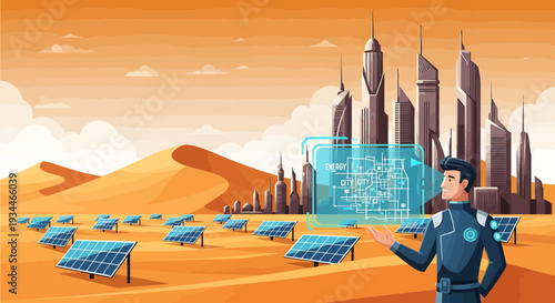 Man interacting with futuristic holographic interface 1.