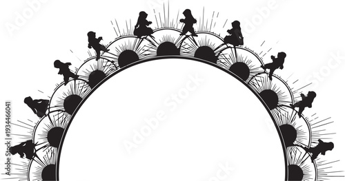 Silhouette of people riding bicycles in a circular motion