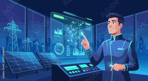 Man Interacting with Futuristic Digital Interface.