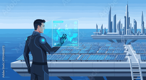 Man Interacting with Futuristic Holographic Interface.