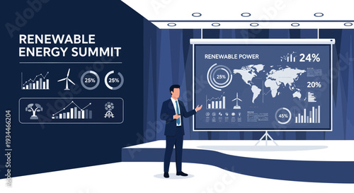 Man presenting renewable energy summit data on large screen.