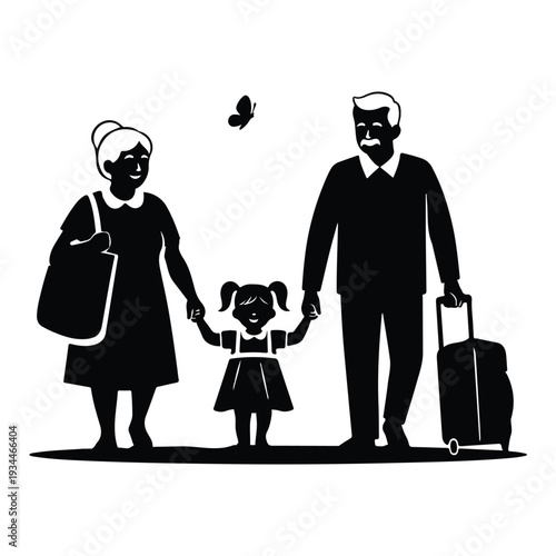 Elderly couple walking with little girl and luggage silhouette