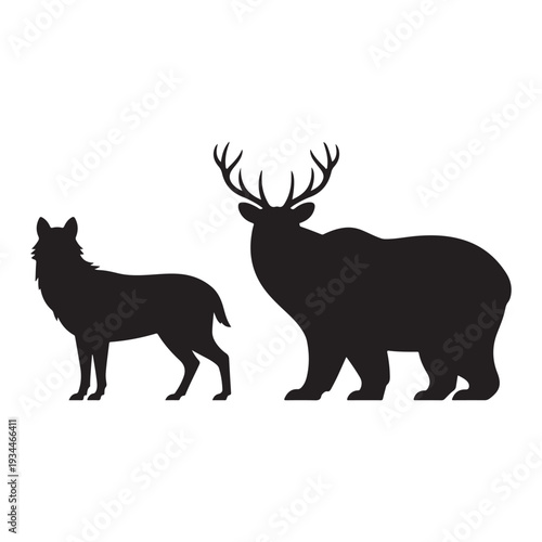 A striking silhouette of a wolf and a majestic stag facing each other