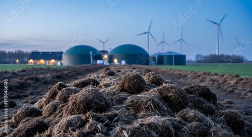 Organic fertilizer heaps on cultivated land, with a modern biogas plant and wind turbines producing sustainable clean energy at dusk.