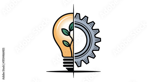 Innovation symbolized by a light bulb merging with a gear and plant growth