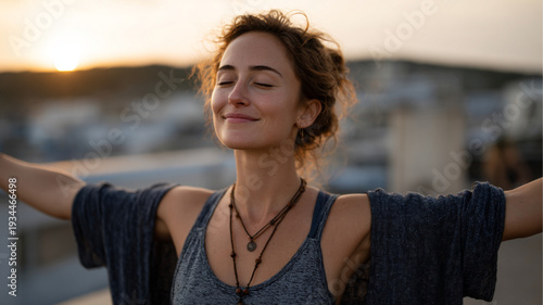 Spring Equinox Sunrise Yoga with Young Middle Eastern Woman Practicing Sun Salutation on Rooftop