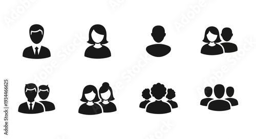 A collection of black icons showing people in different groups and interactions