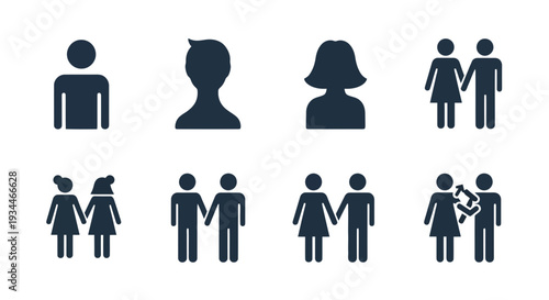 A set of black silhouette icons depicting various people and relationships