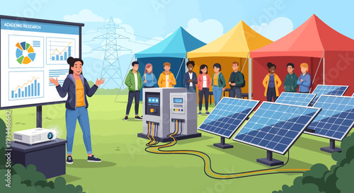 Solar energy presentation at outdoor event with solar panels.