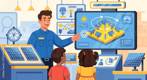 Teacher Explaining Solar Energy to Children in Science Museum.