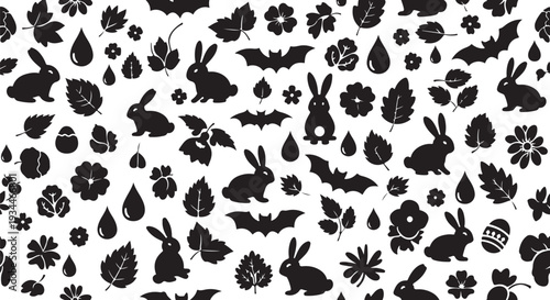 Black silhouettes of Easter and Halloween themed icons pattern