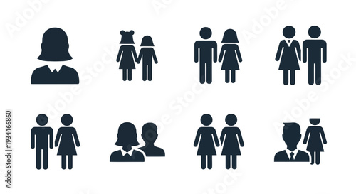 Diverse group of people icons in dark blue color for various uses