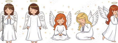 Cute Praying Angel Characters Collection with White Robes, Golden Halos and Wings for Christmas Religious Illustration Design