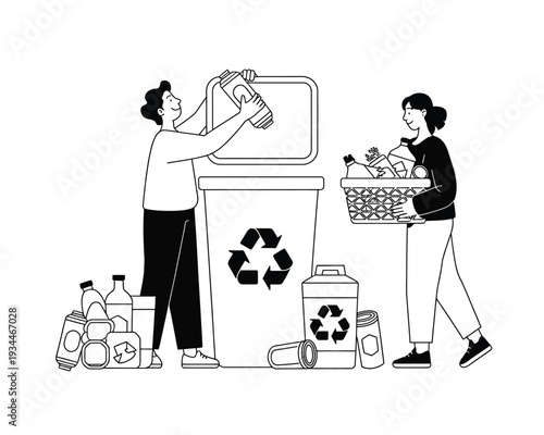Two people sorting recyclables into appropriate bins for waste management