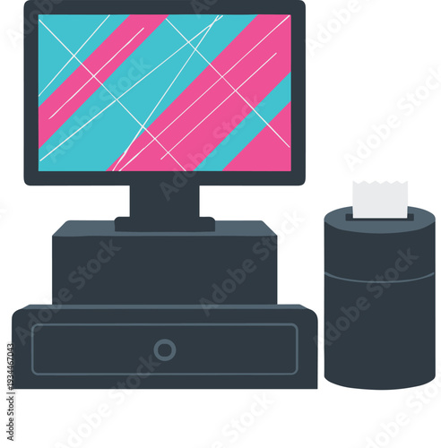 Retail POS System with Cash Register Monitor and Receipt Printer Cartoon Vector Illustration for Store Checkout Design