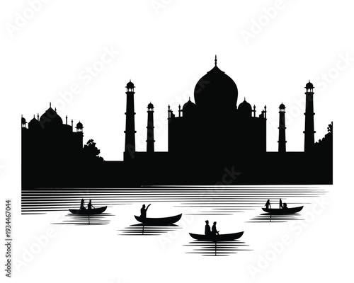 Silhouette of taj mahal with boats on calm waters at dusk