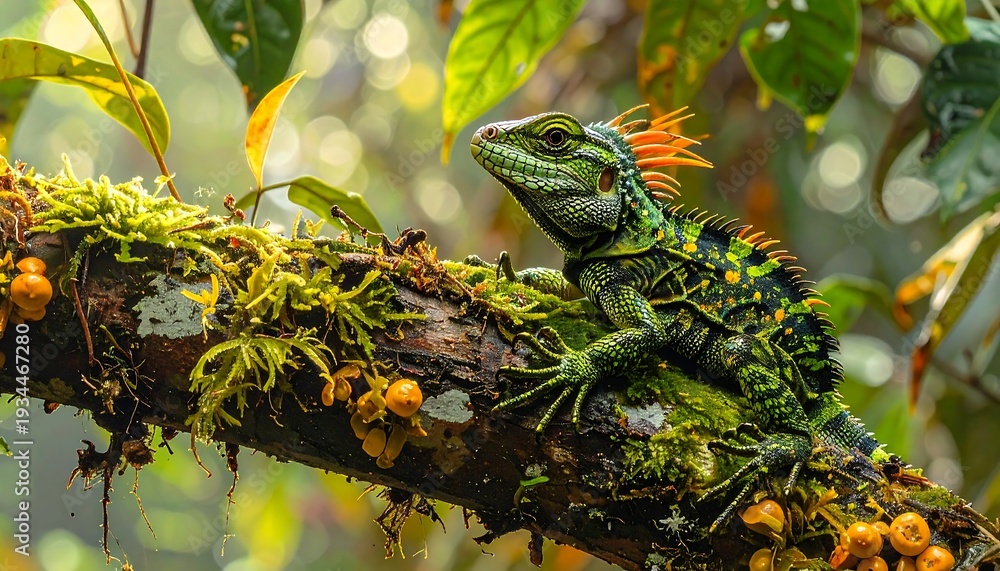 Obraz premium A vibrant reptile with a spiky crest sits on a moss-covered branch, surrounded by lush foliage
