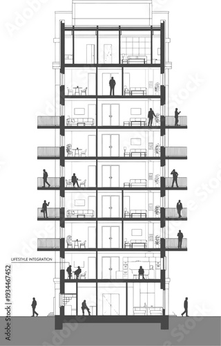 Modern Apartment Building Facade with Balconies and Human Silhouettes - Architectural Section Illustration