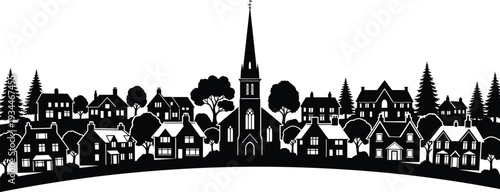 Suburban Town Silhouette with Church and Trees on White Background untitled illustration