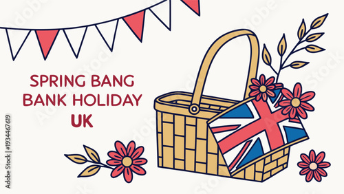 Spring bank holiday uk celebration picnic banner basket union jack flag