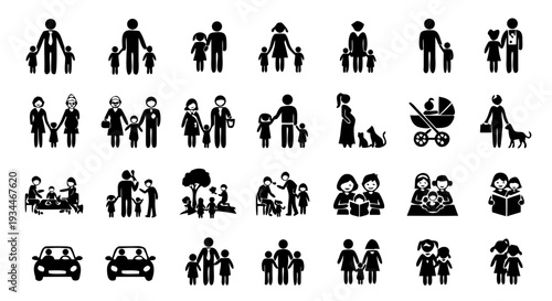 Black Silhouette 20 Family Icon Set Vector – Love, Care and Relationship Symbols
