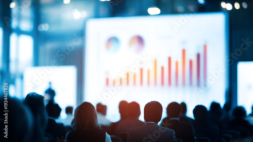 Corporate Meeting Event With Blurred Screen Showing Performance Charts, Business Analytics And Training Concept