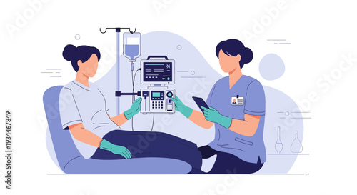 Nurse Administering IV Drip Treatment to Patient, Medical Care Illustration