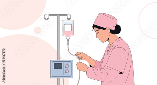 Nurse Administering IV Drip Treatment with Infusion Pump and Saline Bag