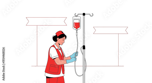 Nurse administering IV drip with blood bag and blank signs