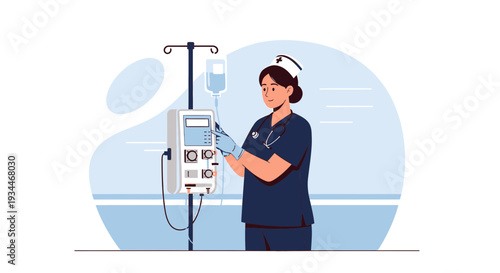Nurse Administering IV Drip with Infusion Pump and Medical Equipment