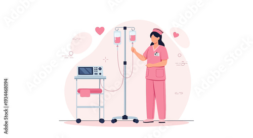 Nurse Administering IV Drip with Medical Equipment and Hearts