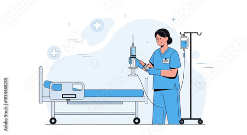 Nurse Administering Medical Treatment with Syringe and IV Drip in Hospital Room